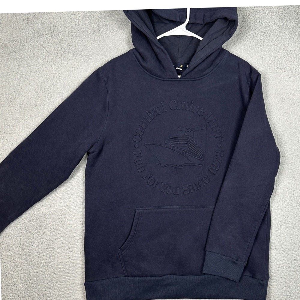 Carnival Cruise Line Hoodie Mens Large Blue Graphic Embossed Pullover Sweatshirt